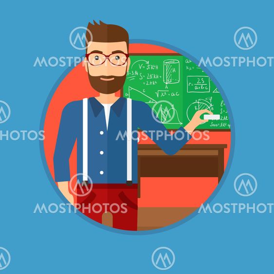Teacher in front of blackboard with chalk in hand.