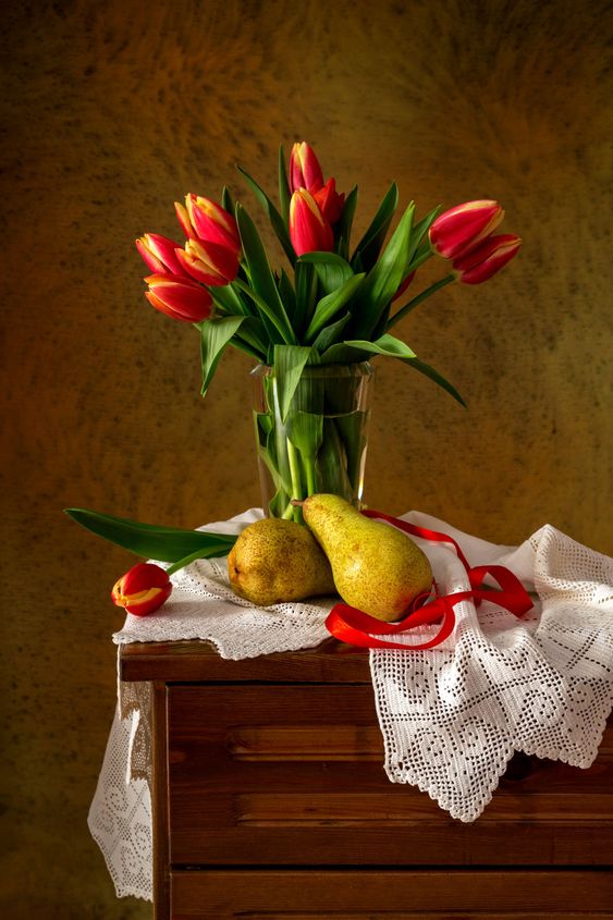 Still Life with tulips and pears