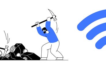 Workers Mining Rocks, wireless Symbol, and Data Chart...