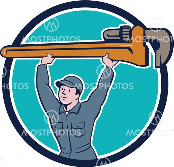 Plumber Lifting Monkey Wrench Circle Cartoon
