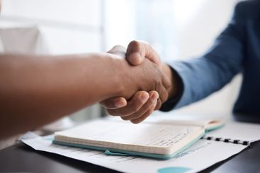 People, notebook or investor handshake for business...