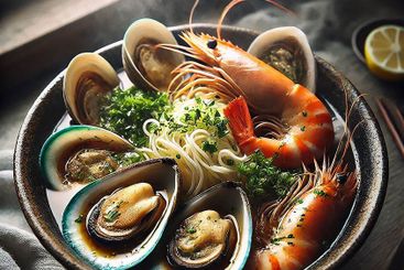 Realistic Seafood Ramen in Warm Natural Light