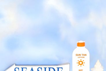 Seaside Sign with Summer Sun Tan Lotion Bottle