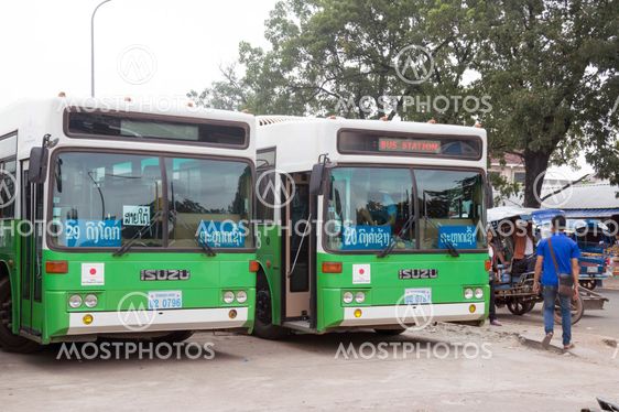 Vientiane, Laos - October 2015: Green city buses donated by Japanese government at Central Bus Station located next to the Morning Market or Talat Sao bus terminal in Vientiane, Lao PDR.