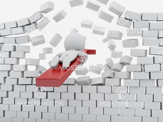 3d White people with red arrow breaking brick wall.