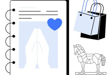 Notebook with Praying Hands, Shopping Bags, and Trojan...