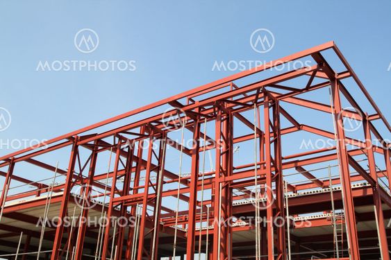 Red steel building construction framework.