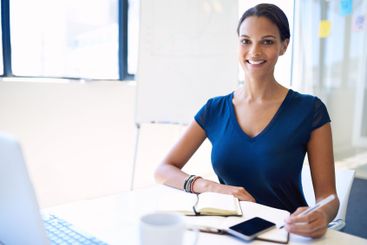 Office, portrait and business woman with notebook for...