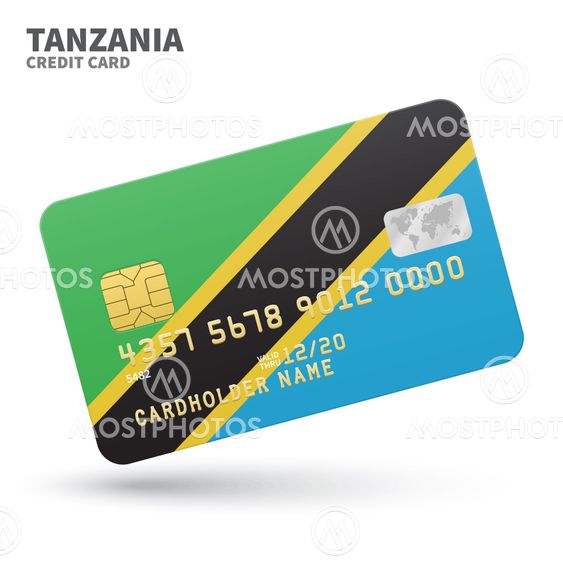 Credit card with Tanzania flag background for bank, presentations and business. Isolated on white