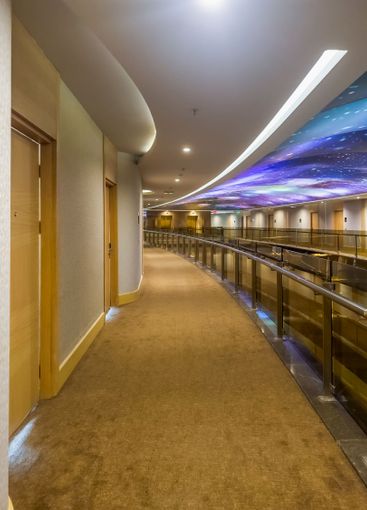 Interior of a luxury hotel lobby in the evening