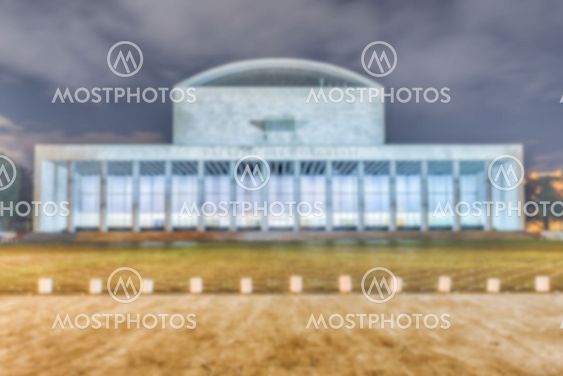 Defocused background with Palace of Congress, Eur District, Rome, Italy