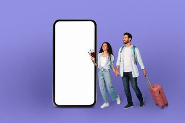 Travelers with phone tickets against a violet backdrop