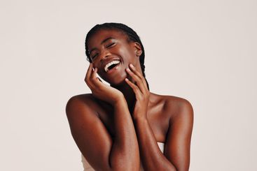 Beauty, skincare and happy with black woman and laugh in...