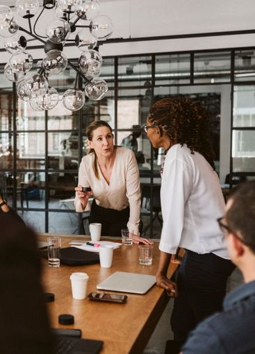 Businesswoman explaining product to male and female...
