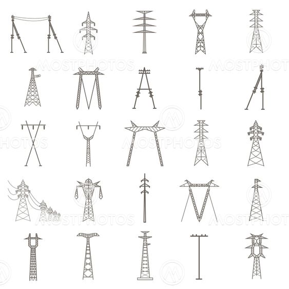 High voltage electric line pylon. Icon set suitable for...