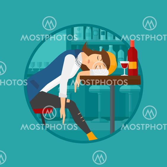 Drunk woman sleeping in bar.