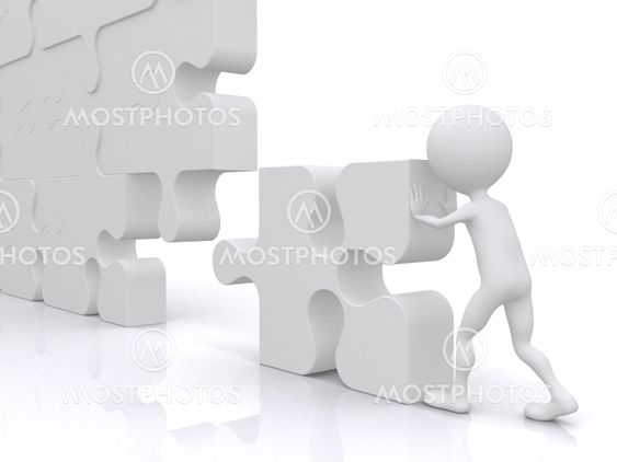 business teamwork - business person building a puzzle which was made in 3d