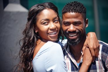 Love, black couple and happy together outdoor with...