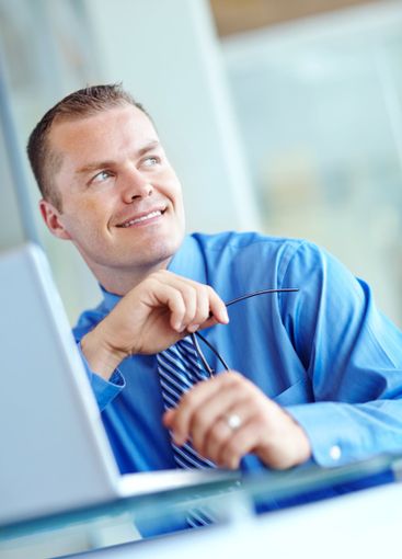 Business, thinking and man with laptop, ideas and...