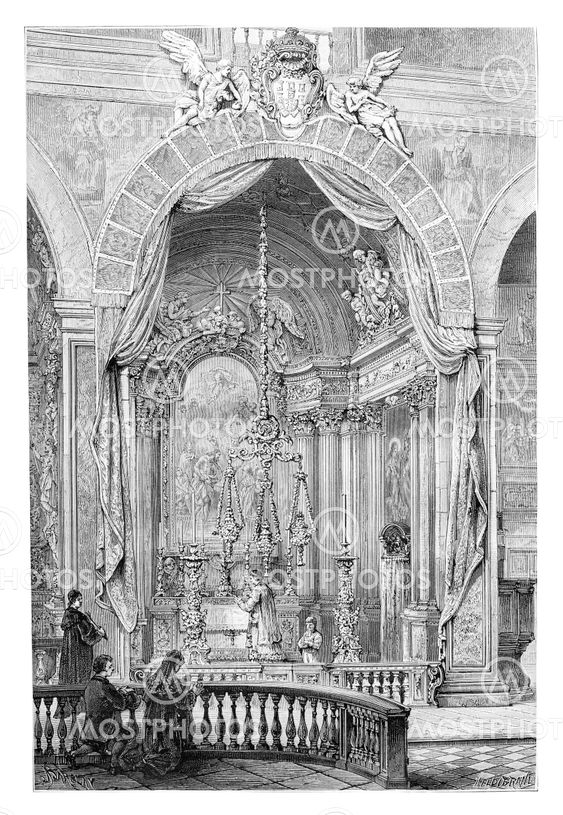 Church of Saint Roch in Lisbon, Portugal, vintage engraving