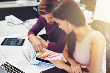 Business people, interior design and color swatches with...