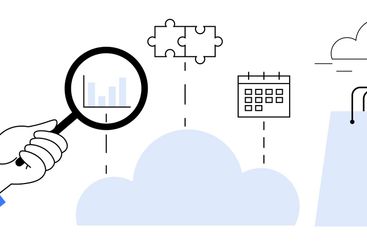 Hand With Magnifying Glass Analyzing Data Among Cloud,...