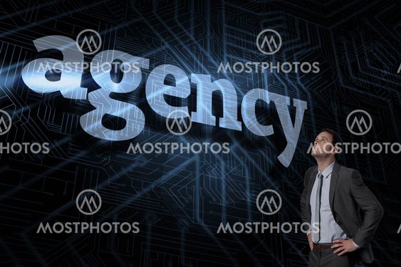 Agency against futuristic black and blue background