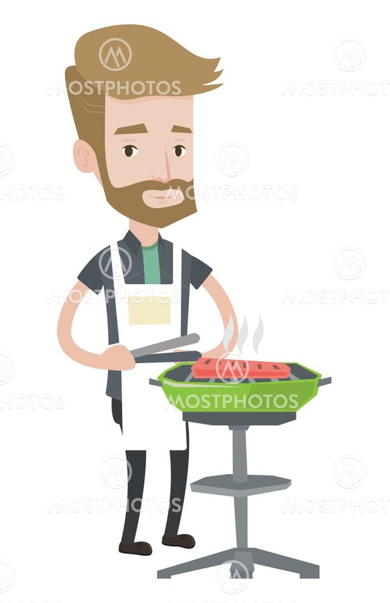 Young man cooking meat on the barbecue grill.