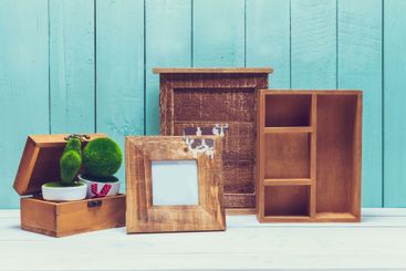 Shabby chic style home decorations on wooden background