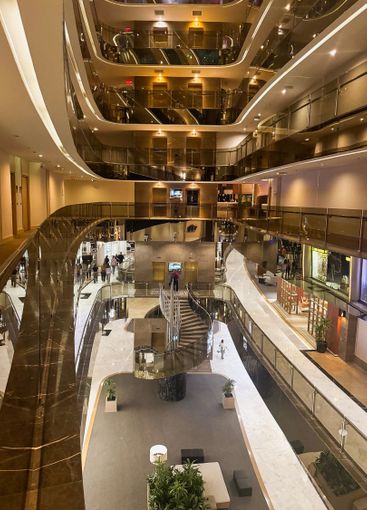 Interior of a luxury hotel lobby in the evening