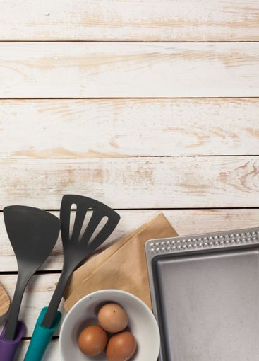 baking preparation, top view of a variety of baking...