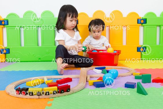 Asian Chinese childrens playing with blocks