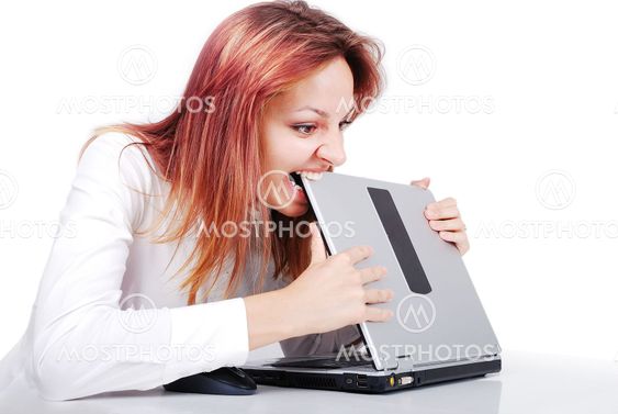 Girl biting laptop