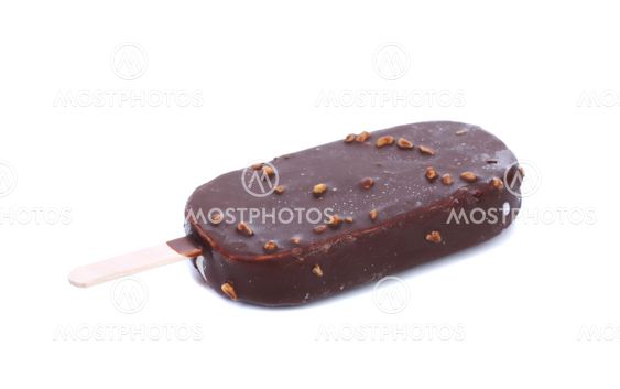 Chocolate-coated blocks of ice cream on stick.