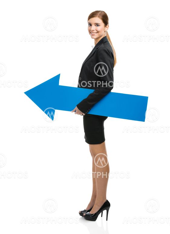 Business woman holding a blue arrow