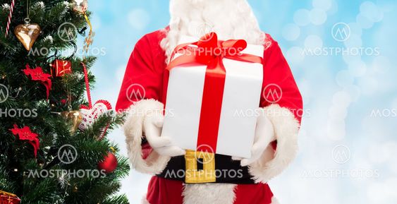 man in costume of santa claus with gift box