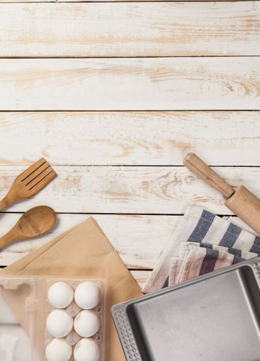 baking preparation, top view of a variety of baking...