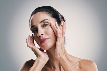 Natural skincare, portrait and woman with glow, touch...