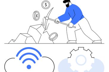 Man Mining Coins with Pickaxe Amid Rocks, Highlighting...