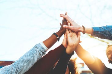 Students success, hands or high five on outdoor campus...