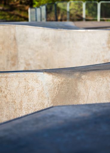 Details of a concrete skateboard park.