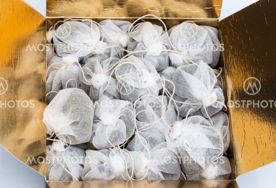 Tea bag made of fabric in a box