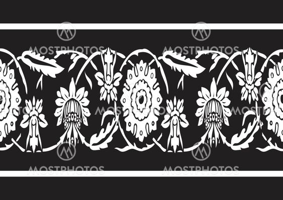 Black and white vintage border floral background seamless vector horizontal illustration ethnic stile on black background
