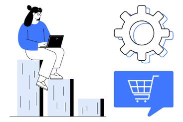 Female character sitting on graph bars with laptop,...