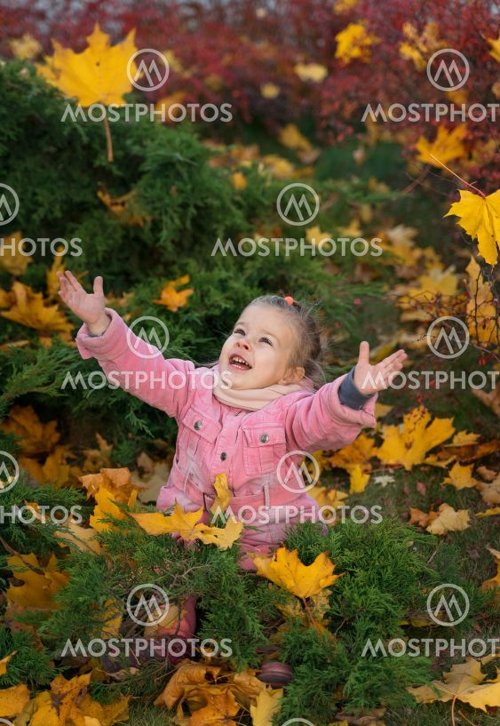 little girl with a bouquet of autumn yellow leaves
