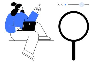 Woman using laptop sits and points up beside magnifying...