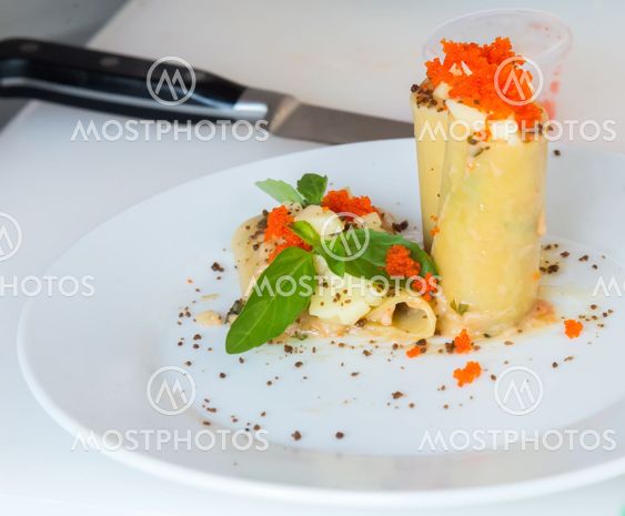 appetizer - cheese rolls with meat and vegetables