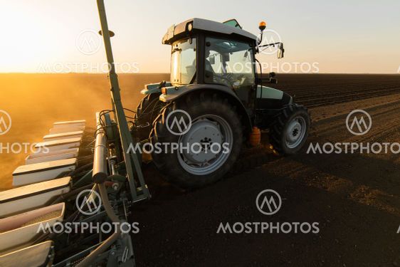 Farmer with tractor seeding