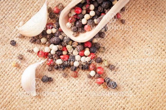 Red, white, black pepper and garlic in a spoon