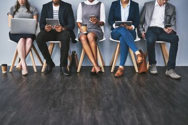 Technology, hands or business people waiting for...